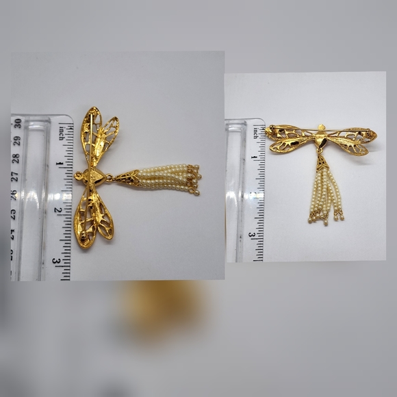 Avon Dragon Fly Gold & Faux Pearl Brooch Pendant - Picture 17 of 17